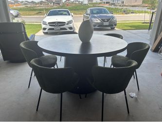 Modern Black Round Dining Table + 6 Upholstered Chairs
