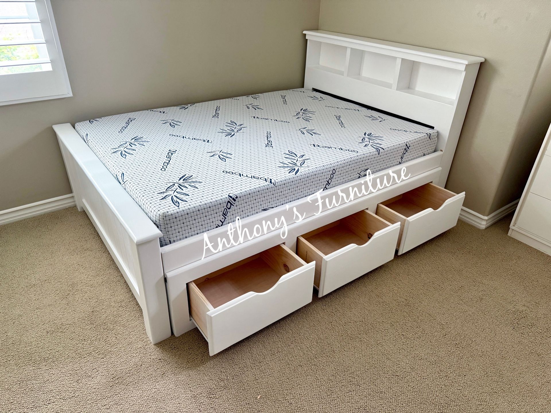 White Full Bed With Drawers And Memory Foam Mattress
