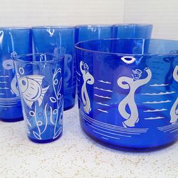 Mid Century Modern Vintage Kitsch Hazel Atlas Cobalt Blue Glass 'Dancing Sailors' Ice Bucket & Barware 6 Piece Set