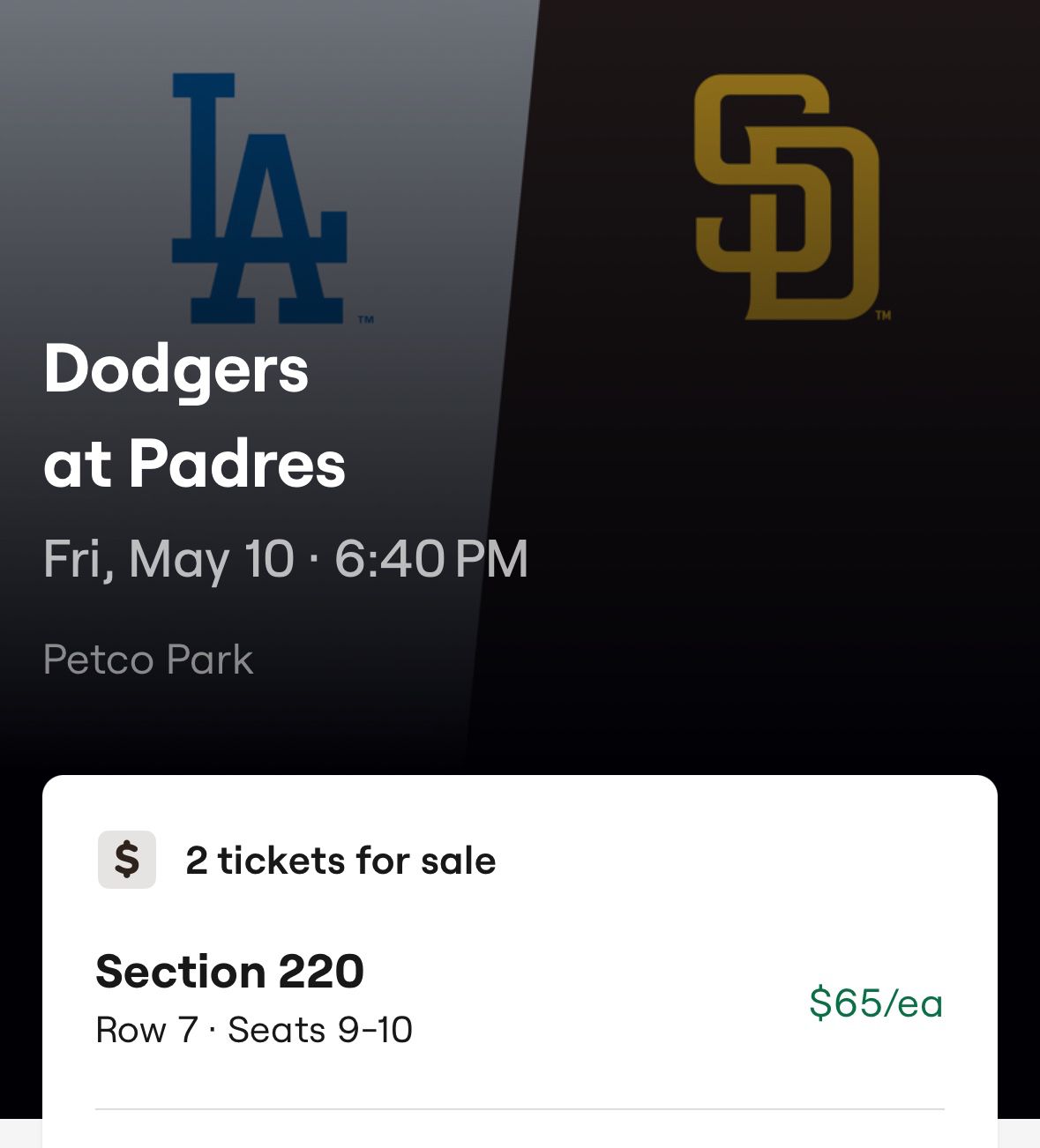 Padres Vs Dodgers Friday May 10th - 2 Tix