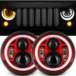 UNI-SHINE DOT Approved 7 Inch LED Headlights Round with DRL Halo High Low Sealed Beam Headlamps H6024 Compatible with Jeep Wrangler JK TJ LJ CJ, Red