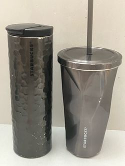 Set of 2 Starbucks 16 fl oz Prism Gray Stainless Travel Mug Tumblers Lid & Straw