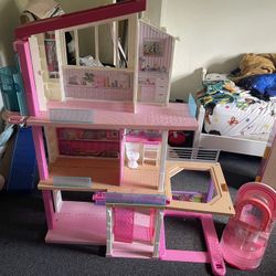 Barbie Doll House , A Bunch Of Different Barbie Toys And Accessories(only Some In Photo ), mini Fridge, And Stove