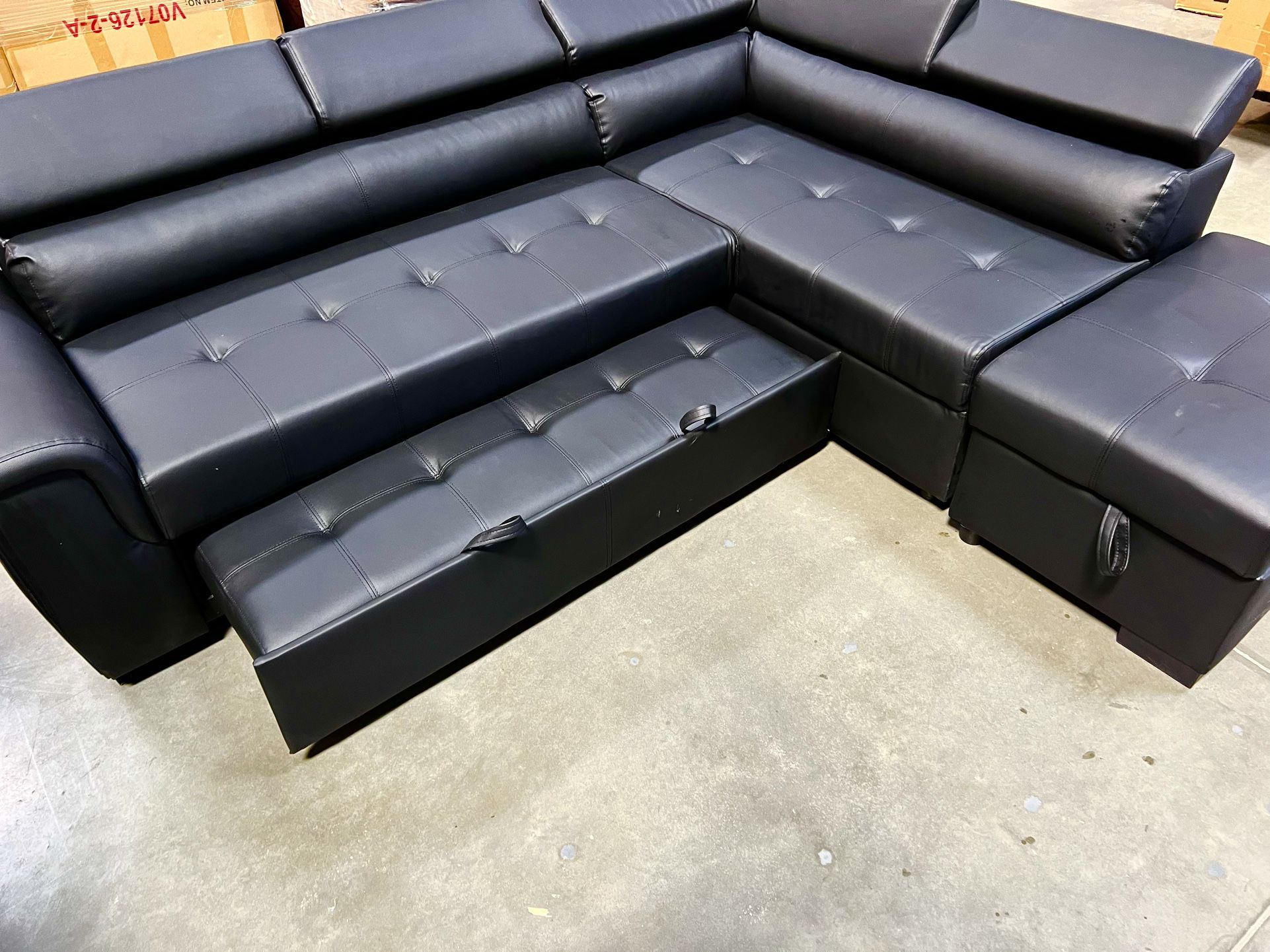 New! Contemporary Sectional Sofa, Black Sectional, Black Sectional Sofa With Pull Out Bed, Faux Leather Sectional Sofa Bed, Sofabed, Sleeper Sofa