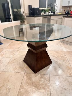 Modern 48” Round Glass Dining Table with Solid Wood Pedestal Base