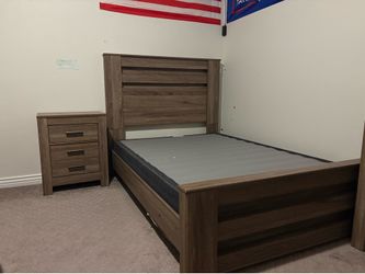 Full size bed, box frame, and bedside table