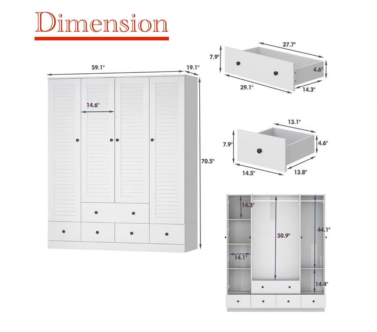 🥨Armoire Wardrobe Closet with 4 Shutter Doors & 2 Hanging Rods, Wood Clothing Storage Cabinet with 5 Drawers & Shelves for Bedroom, White