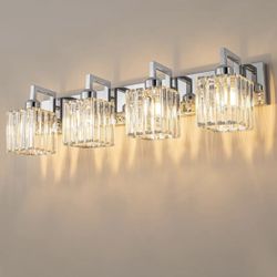 Modern Bathroom Vanity Light 4-Lights Chrome Crystal Wall Lamp Bathroom Modern Crystal Vanity Lighting