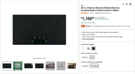 SEAL!!! GE36 in. 5 Burner Element Radiant Electric Cooktop Built-in Knob Control in Black