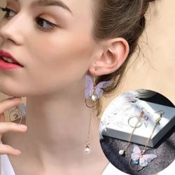 NEW Fashion Butterfly Pearl Long Tassel Earrings Hook Drop Dangle