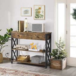 Console Table with 2 Outlets and 2 USB Ports, Industrial Entryway Table with Drawer and Storage Shelves, Narrow Sofa Tables with Metal Frame for Livin