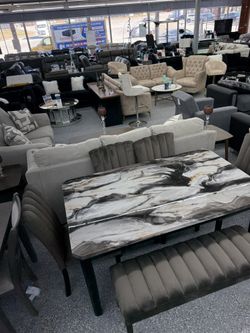 Rich Brown Faux Marble Top Dining Set