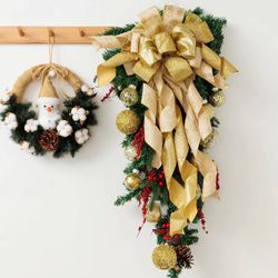 Christmas Tree Topper,13x34inch with Glitter Satin Mesh Streamer,and a Rolls 11 Yards Christmas Linen Fabric Craft Ribbon(Gold)