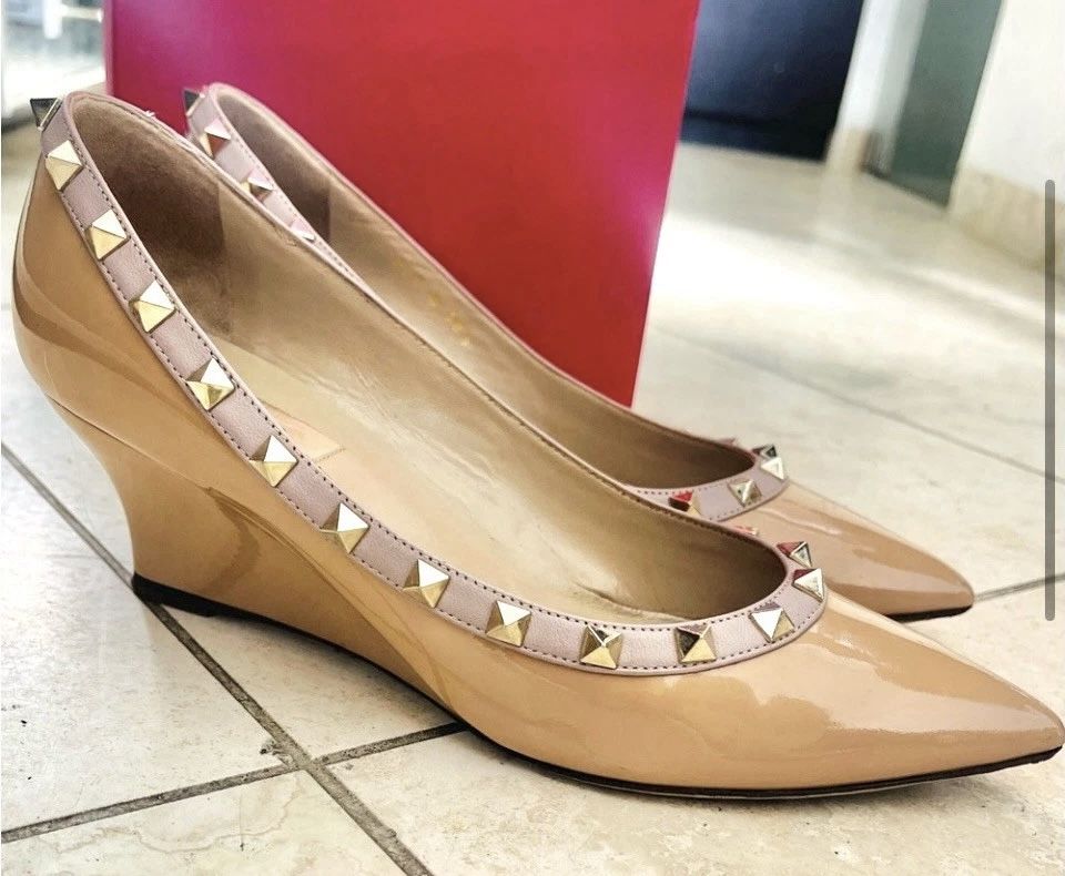 Valentino Rockstud Wedge Heels Shoes- 8 Nude/Tan