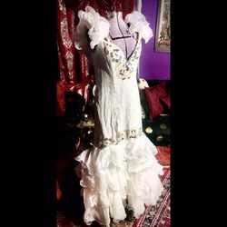 80s White Pearlescent Sequin Mermaid Prom Dress Vintage Size 16 Halloween
