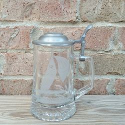 Vintage Godinger "Salem Ship Grand Turk 1786" Glass/Pewter Stein 