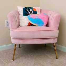 Modern Velvet Barrel Chair Accent Armchair with Golden Legs for Living Room Bedroom Home Office, Channel Tufted Back Club Chair, Pink