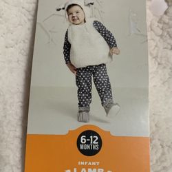 New girl fits 6, 9, 12 month deluxe 5 piece lamb costume includes hooded fleece vest, polka dot shirt, leggings and booties