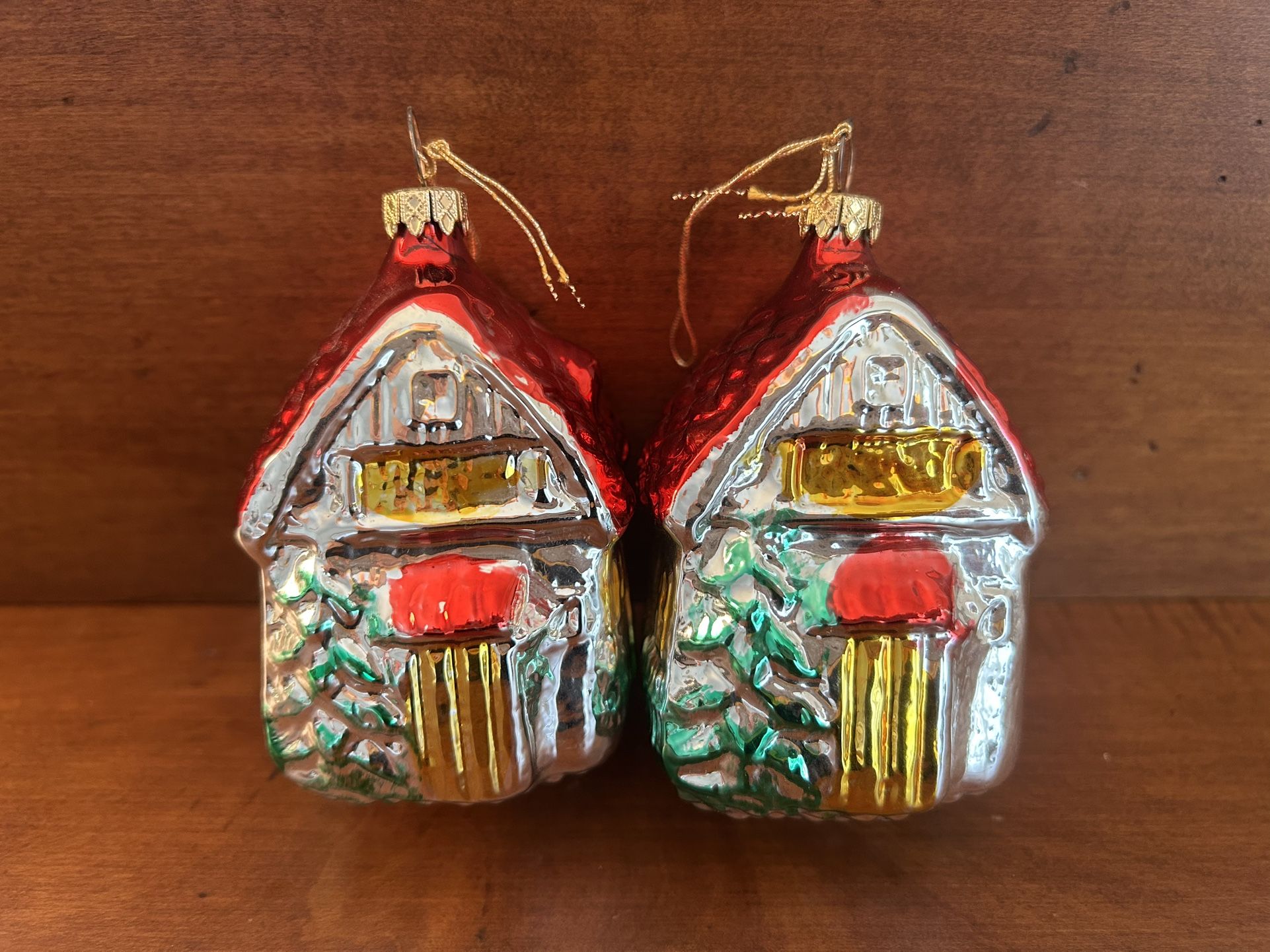 Pair of Blown Glass Houses Pine Tree Ornaments West Germany 3.25” tall x 2.25” depth x 2.25” wide