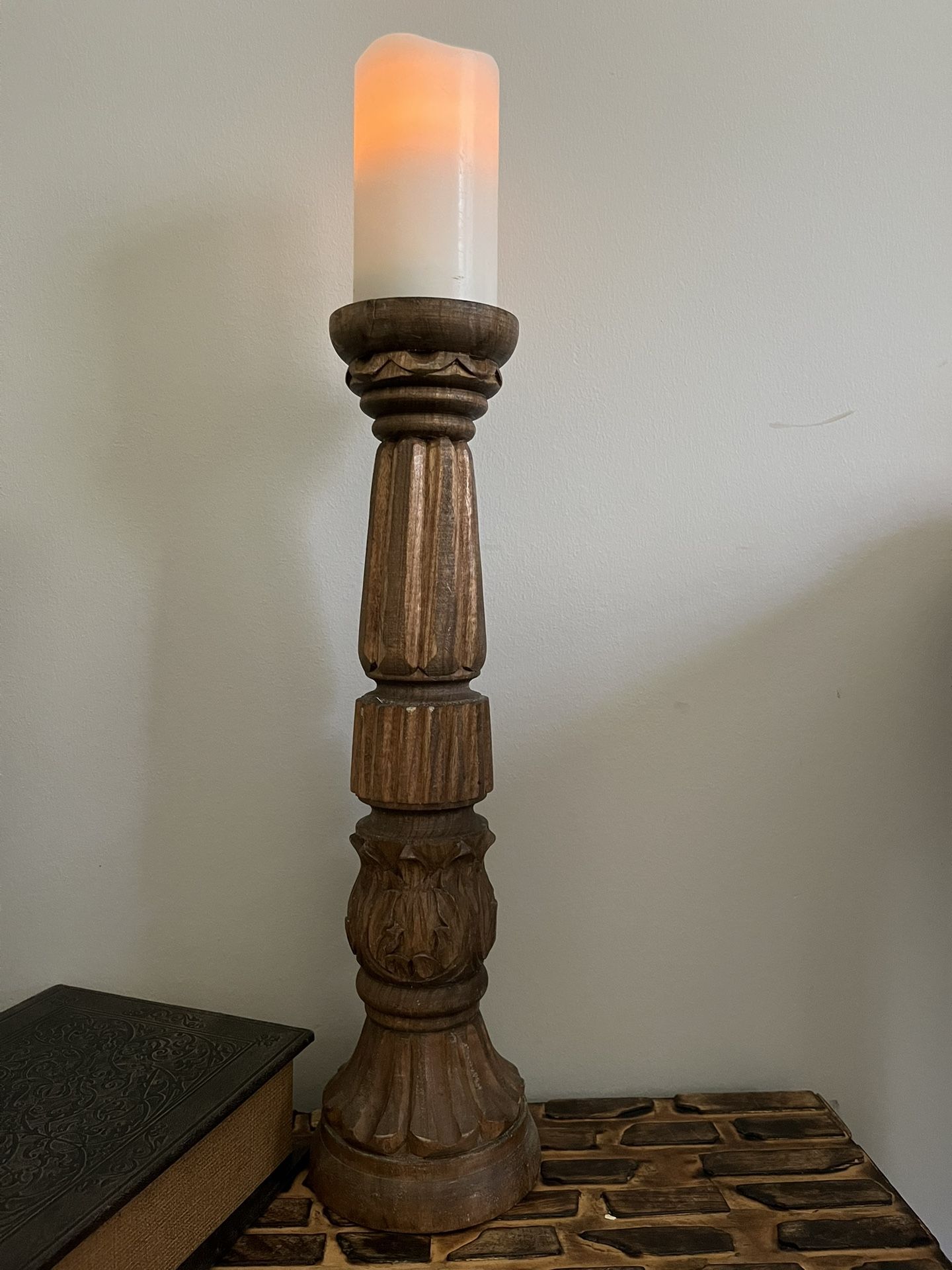 Carved Acacia Hard Wood Pillar Candle Holder