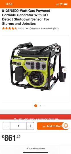 8125/6500-Watt Gas Powered Portable Generator With CO Detect Shutdown Sensor For Storms and Jobsites
