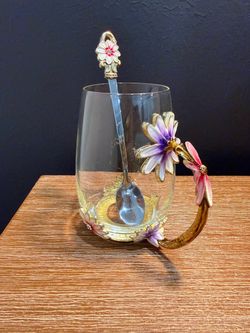 Floral 3D Glass Teacup with Gold Accent Handle - Pink & Purple
