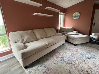 Beige Sofa + Chair + Ottoman Set – Modern Comfortable Living Room Set