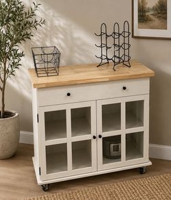 Kitchen Storage Island on Wheels Rolling, Home Kitchen Cart with Pine Countertop, Large Storage Trolley Cart with Cabinet, Drawer, Spice Rack, Towel R