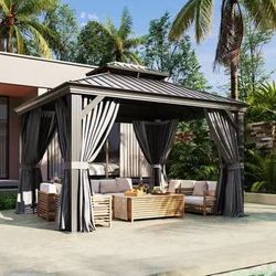 10'x13' Hardtop Gazebo, Outdoor Steel Double Galvanized Roof Canopy, Aluminum Frame Permanent Pavilion Metal Gazebo with Netting and Curtains, for Pat