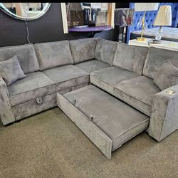 New Grey Corduroy Sectional W Pullout Bed / Storage.  90” X 90” X 36”H.  Free Delivery!
