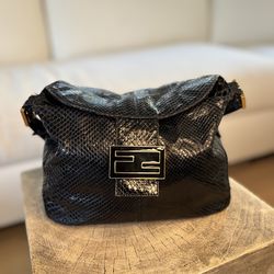 Fendi Black Snakeskin-Texture with Gold Logo Plaque