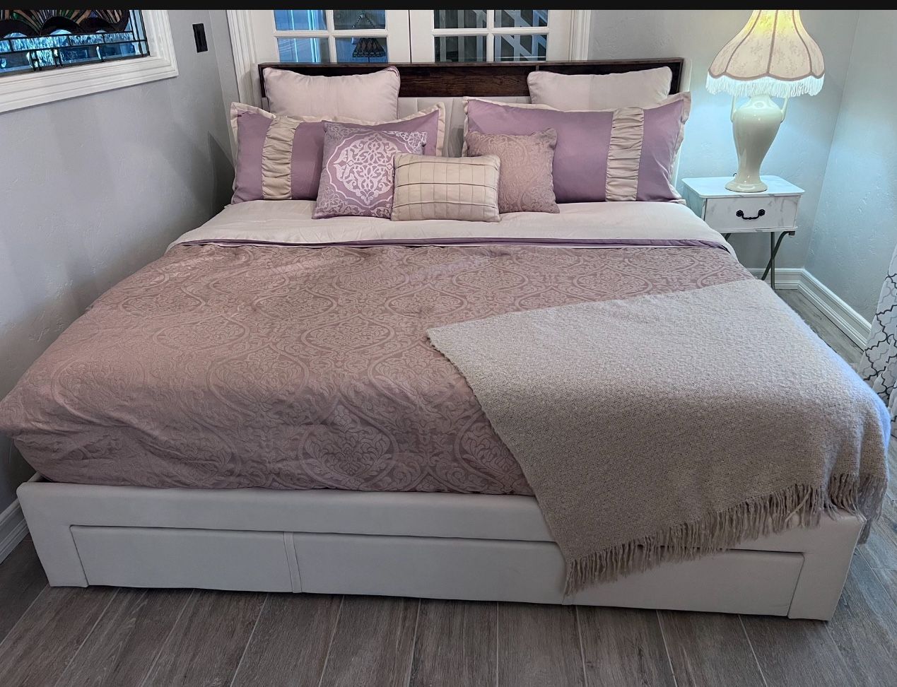King Size Bed. New Ikea Bedframe with Hidden Storage On The Sides And Foot Of The Bed. New Amazon Mattress.