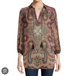 Alice + Olivia Bohemian Flowy Paisley Sheer Tunic Blouse with 3/4 Sleeves Size S 