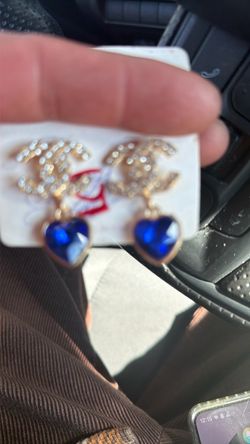 Crystal CC Drop Earrings with Blue Heart