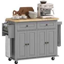 Kitchen Island Cart with Rubber Wood Top with Drawers