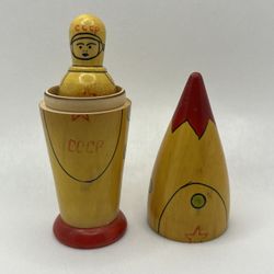 RARE Collectible 1960's USSR Space Rocket with Astronaut Wooden Nesting Doll