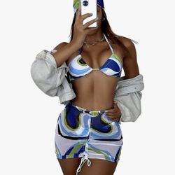 NEW Milumia 4-Piece Triangle Bikini Set Mesh Cover Up Skirt Bandana Size Medium