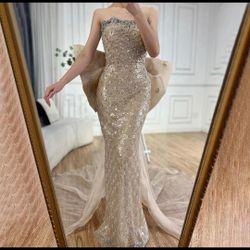 Beaded Gown Dress With Detechable Bow
