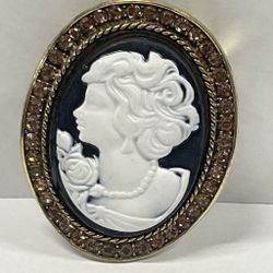 Vintage Cameo Brooch with Rhinestone Border