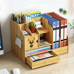 Wooden Desk Organizer With Drawer Office Supplies Computer Desktop Tabletop