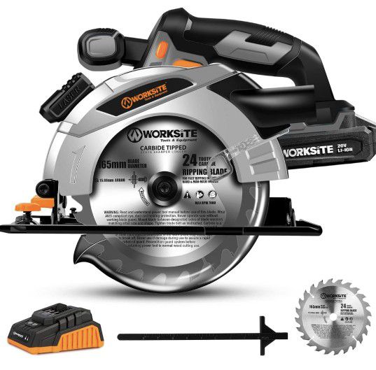 WORKSITE Cordless Circular Saw, 20V MAX 6-1/2 Inch Circular Saw with Electric Brake, 2.0A Battery & Fast Charger, 4000RPM Speed, 2Pcs Blades