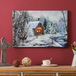 New Winter Wonderland Log Cabin Lighted Canvas Print, Multi Color