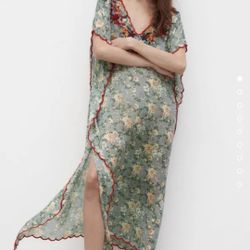 ZARA WOMAN'S FLORAL GREEN EMBROIDERED PRINTED TUNIC DRESS Size XS 