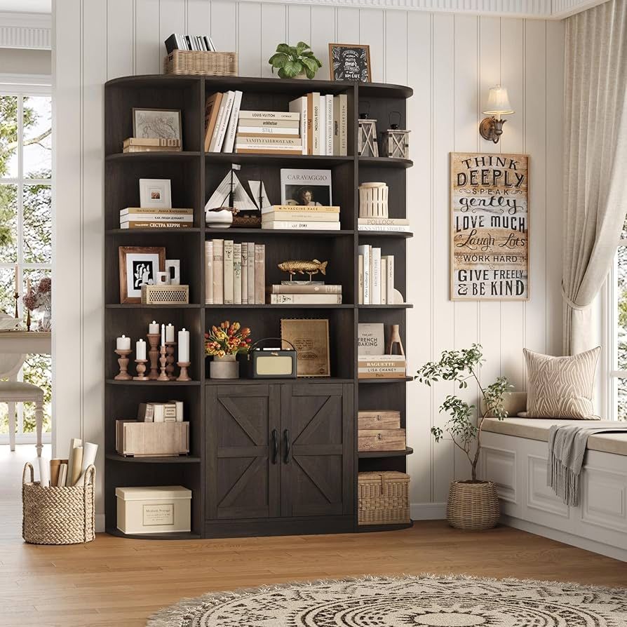 75" Tall Book Shelf and Bookcase, 6 Tier Bookshelf with Storage, 47" Wide Bookcase with Doors, Freestanding Wood Display Shelves with Book Storage Cab