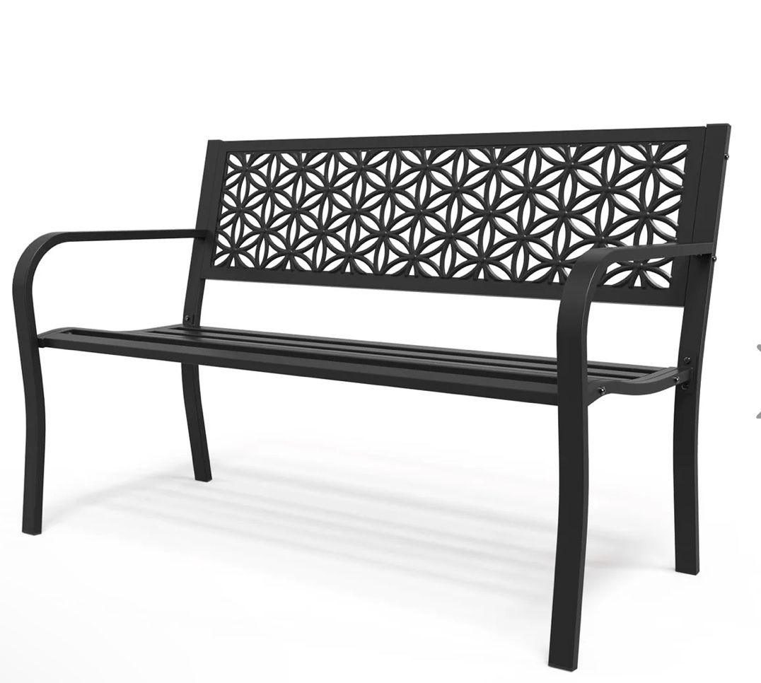 Inch Outdoor Bench Metal with Floral Back Black