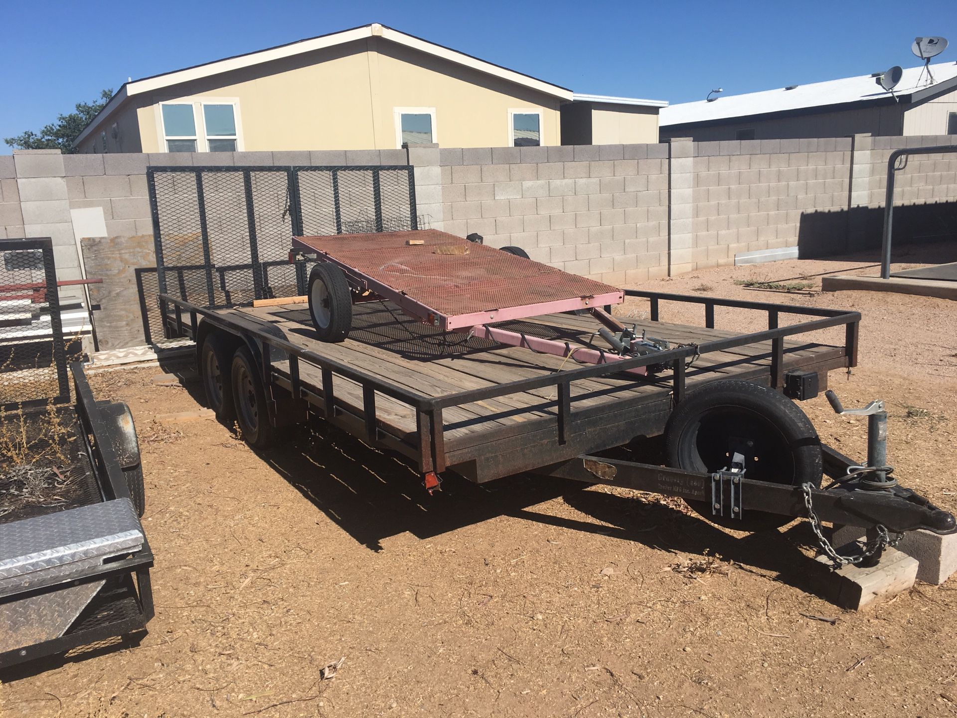 16x8 flatbed car toy hauler trailer. New tires, double ramp gate. Pulls great works great. $2250 obo.