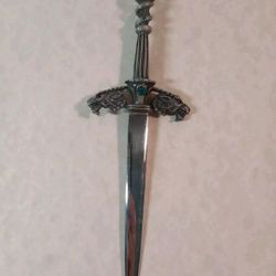 Vintage Sword Pewter And Crystal Dragon Heads Letter Opener