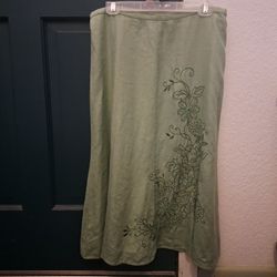 Green Linen Skirt with Beaded Floral Embroidery 