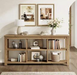JW1206 63-Inch Solid Wood Console Sofa Table, 3-Tier Narrow Farmhouse Entryway Table with 6 Storage