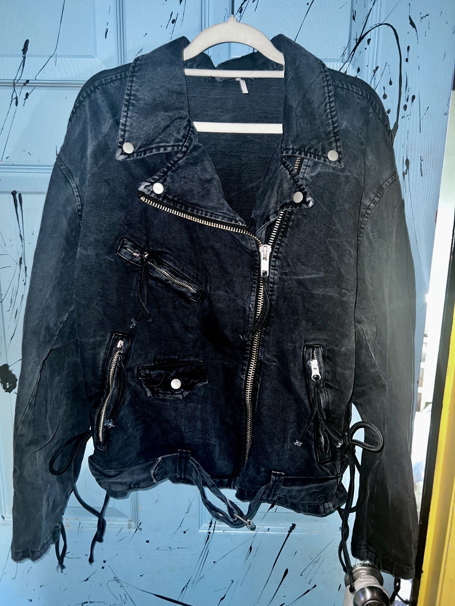 Free People Retro Oversized Denim Lace Up Moto Jacket